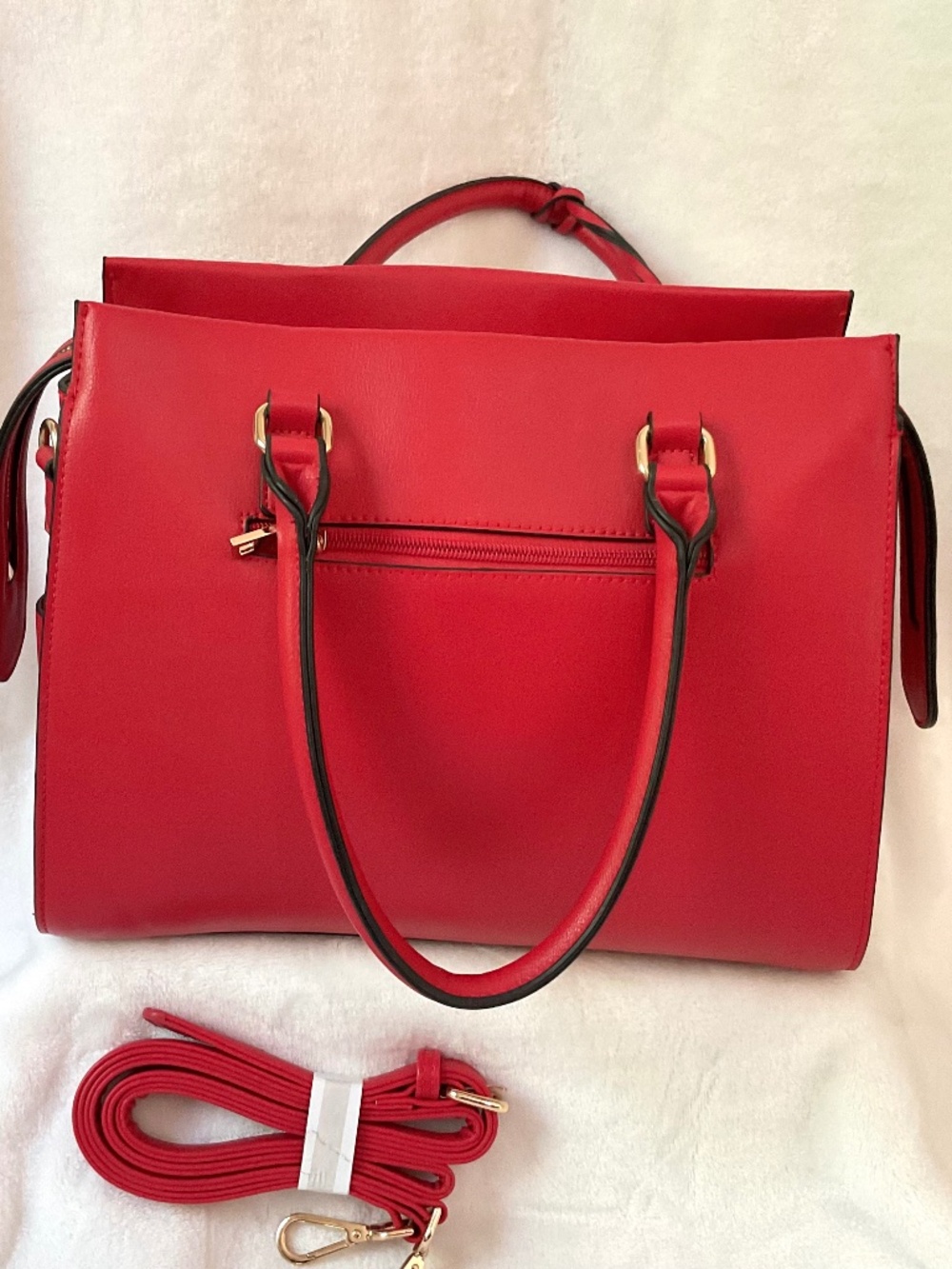 Red Structured Tote Bag Set Faux Leather Top Handle Crossbody Strap & Wallet - Picture 5 of 13